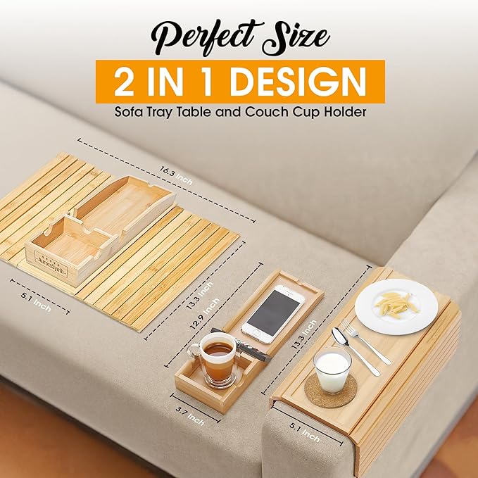 Bamboo Couch Cup Holder Tray with 2 Cork Coasters, Couch Caddy, Anti-Slip Foldable Armrest Sofa Tray, Couch Armrest Table, Anti-Spill Holder for Remote, Snacks, Cellphone - Ideal Gift