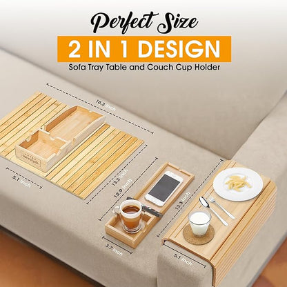 Bamboo Couch Cup Holder Tray with 2 Cork Coasters, Couch Caddy, Anti-Slip Foldable Armrest Sofa Tray, Couch Armrest Table, Anti-Spill Holder for Remote, Snacks, Cellphone - Ideal Gift