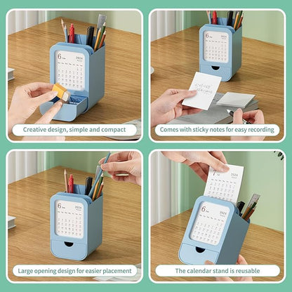 Upgraded Pen Holder with Built-in Calendar - Modern Desk Organizer for Office, School, Home, Premium Silicone Design with Chic Aesthetic, Multi-Functional Stationery & Makeup Storage - Blue