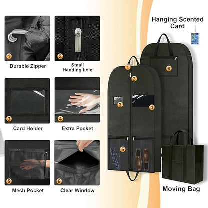 Dress Bags for Gowns 60", Long Garment Bags for Hanging Clothes Travel with Pockets and Zipper, Gusseted Garment Bag for Dress, Shows Dance Costume, Tuxedos, Clothes Protector Suit Cover Bags Black