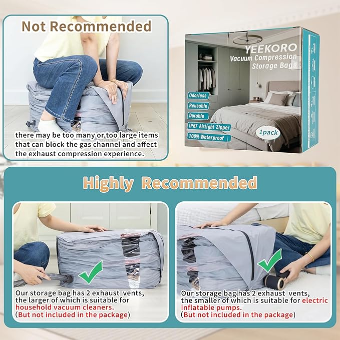 YEEKORO Vacuum Storage Bags for Home, Professional IP67 Waterproof Reusable Vacuum Compression Bags for comforter and Clothing, Large Vacuum Seal Bag for Bedding (1 Pack, No Pump)