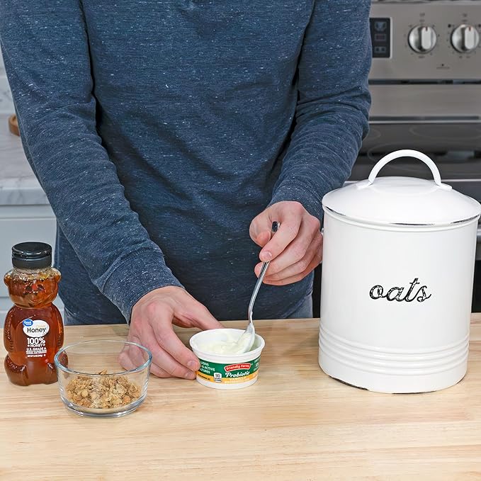 AuldHome Design Farmhouse Enamelware Oatmeal Canister (White); Rustic Distressed Style Oats Storage for Kitchen