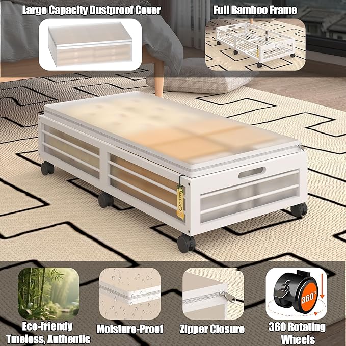 Bamboonova Bamboo Underbed Storage Containers with Wheels & Bag 2 Pack, Large Under Bed Rolling Storage Bins Wood Under Bed Clothes Storage Stackable Drawers for Bedroom Closet Under Crib Toy(White)