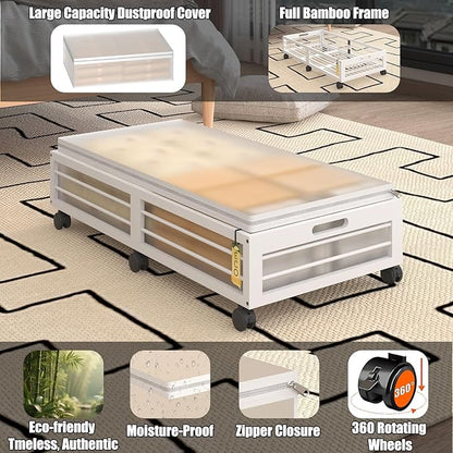 Bamboonova Bamboo Underbed Storage Containers with Wheels & Bag 2 Pack, Large Under Bed Rolling Storage Bins Wood Under Bed Clothes Storage Stackable Drawers for Bedroom Closet Under Crib Toy(White)