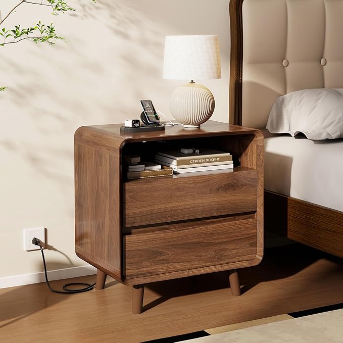 Nasonet Night Stand Set of 2 with Charger Station, Mid Century Modern Nightstand with 2 Drawers, Wood Bedside Table for Bedroom, Curved Beveled Design, Walnut