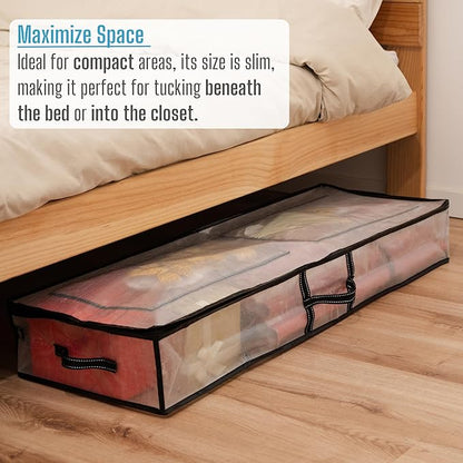 VENO Clear Wrapping Paper Organizer Storage Box for Christmas Gift Bags and Holiday Accessories, Underbed Storage Container with Interior Pockets, 40 Inches Long Fits 24 Rolls