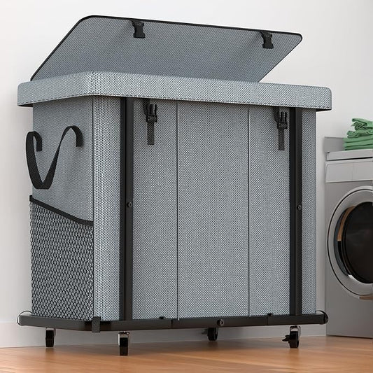60 Gal (230L) High Grade Large Laundry Basket with Wheels, Rolling Laundry Hamper, Laundry Cart with Metal Frame and Removable Bag Design, Suitable for Laundry Room, Bedroom (Grey, 3 Section 230L)