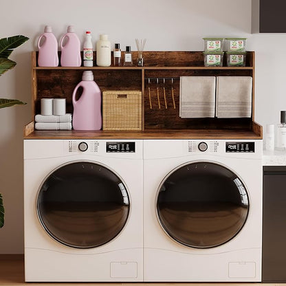 2-Tier Washer Dryer Countertop with Clothes Rail，Laundry Topper with Edge and Non-Slip Pad for Washer and Dryer Laundry Hamper Counter Storage Organization (Rustic Brown, Full)