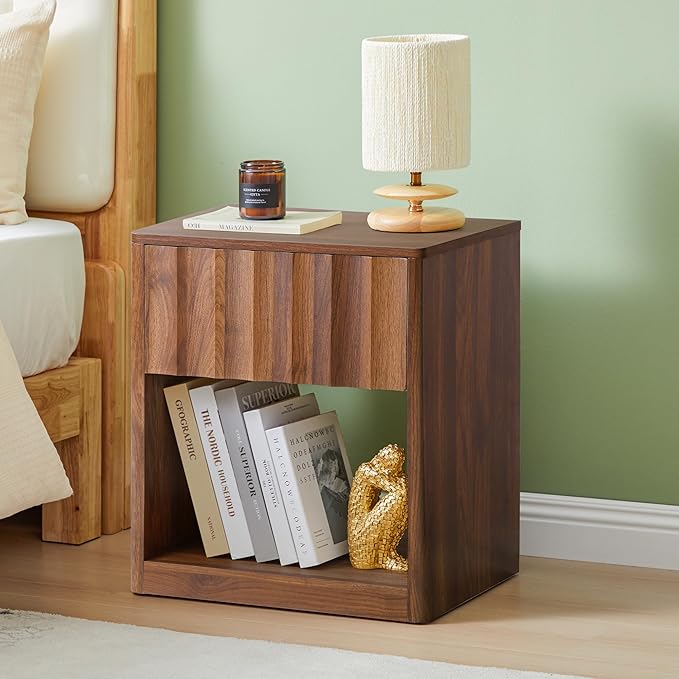 Bifins Fluted Dresser, Small Nightstands Set of 2, Walnut Bedside Table with Drawer and Storage, Mid Century Modern Side Table for Bedroom Sofa