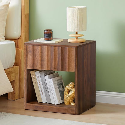 Bifins Fluted Dresser, Small Nightstands Set of 2, Walnut Bedside Table with Drawer and Storage, Mid Century Modern Side Table for Bedroom Sofa