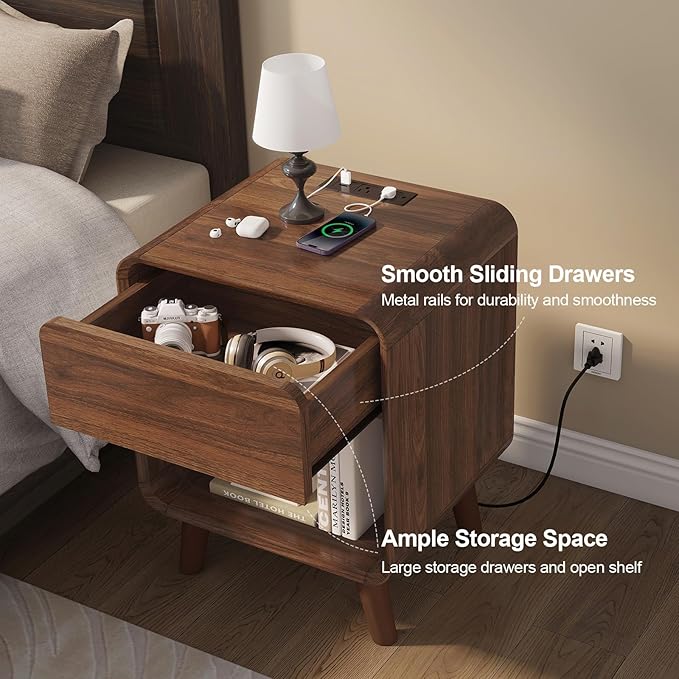 Nasonet Mid Century Modern Nightstands Set of 2 with Charging Station, Small Nightstand with Drawers, Curved Wood End Table Bedside Table for Bedroom, Walnut