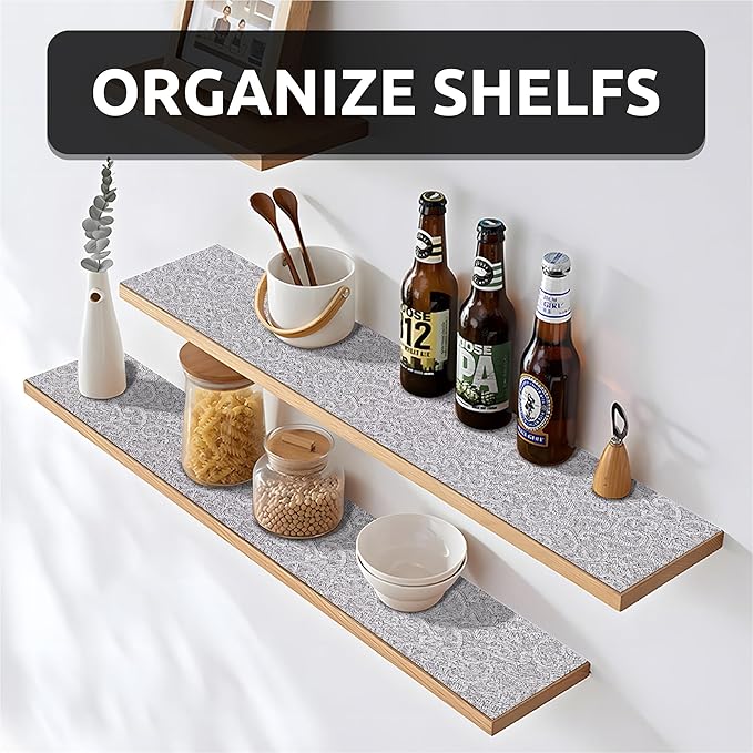 18X96 Inch Shelf Liner with Scissor & Tape Measure for Kitchen Cabinets, PVC Drawer Liner for Dresser Non-Slip Bathroom, Non-Adhesive Cabinet Liner Washable (Black)