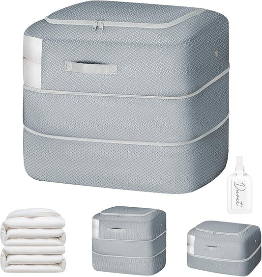 Easortm Comforter Storage Bag - 110L Large Capacity Blanket Storage Bags 2-Layer Ultra Space Saving Self Compression Organizer, Washable Compression Bags for Storage Comforter Blanket, 1-Pack, Grey