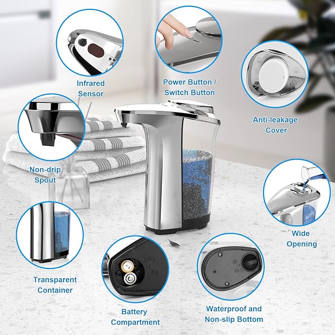 PZOTRUF Automatic Soap Dispenser, Touchless Dish Soap Dispenser 17oz/500ml with Infrared Sensor, 5 Adjustable Soap Levels, Liquid Dispenser for Bathroom Kitchen (Silver)
