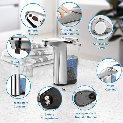 PZOTRUF Automatic Soap Dispenser, Touchless Dish Soap Dispenser 17oz/500ml with Infrared Sensor, 5 Adjustable Soap Levels, Liquid Dispenser for Bathroom Kitchen (Silver)