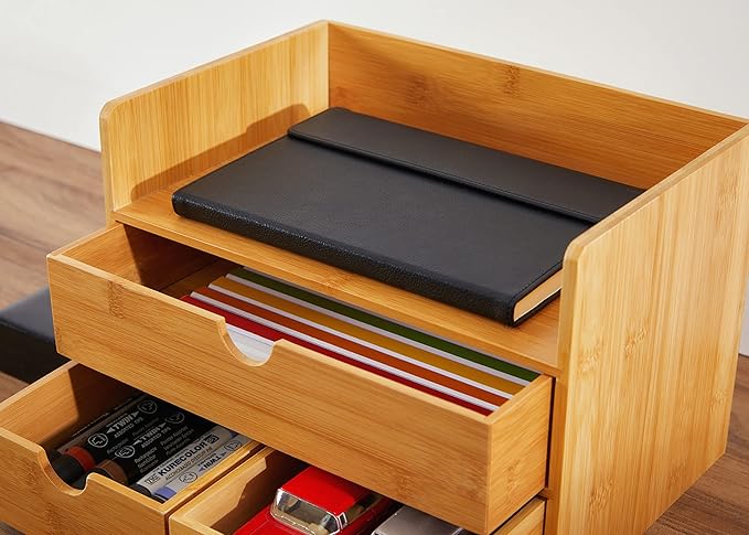 RoyalHouse Premium Natural Bamboo Desktop Organizer, Attractive Design 3 Tier, Table Top Storage for Documents, Office Supplies, Accessories And More, No Assembly Required, Pack of 2