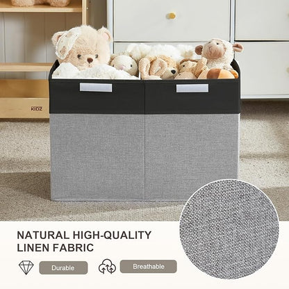 Large Toy Storage Box with Lid, Collapsible Toys Storage Organizer Bins with Dividers and Handles, Storage Chest Bin for Kids, Boys, Girls, Nursery 25"x13" x16" (Balck & Gray)