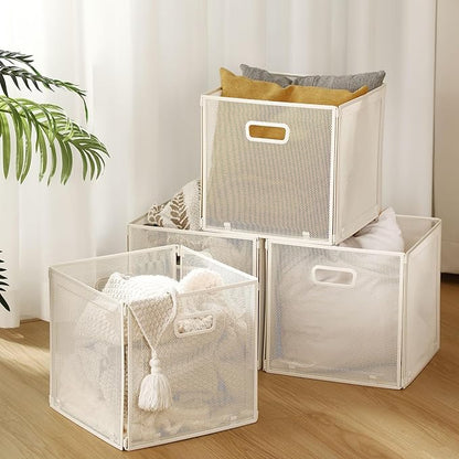 2 Pcs Foldable Metal Cube Storage Baskets 13x13 Kitchen Wire Baskets Stackable Mesh Laundry Organizer Bin with Handles for Shelves Kitchen Pantry Cabinets Closet Food (White)