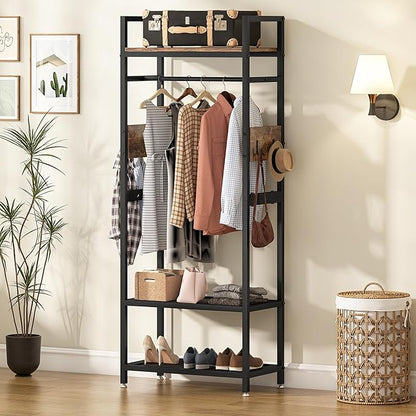 Tribesigns 69-inch Tall Clothes Garment Rack, Small Heavy Duty Clothes Hanging Rack, Freestanding Closet Organizer with Open Storage Shelves and Hooks for Bedroom, Brown & Black