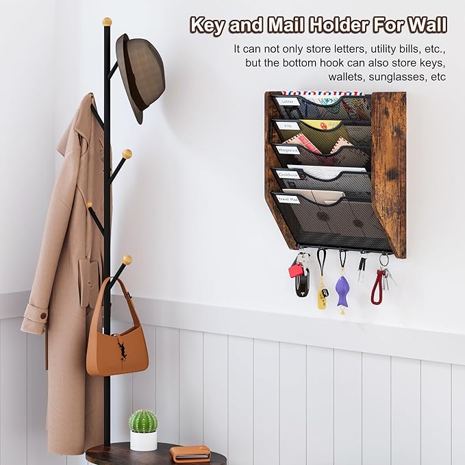 Wall File Organizer With Hooks, 5 Tier Mesh Mail Organizer Wall Mounted,Hanging File Organizer,Magazine Holder for Documents,Magazine,Literature,File,Mails,Envelopes