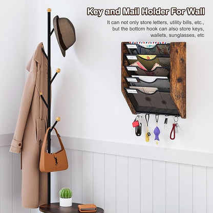 Wall File Organizer With Hooks, 5 Tier Mesh Mail Organizer Wall Mounted,Hanging File Organizer,Magazine Holder for Documents,Magazine,Literature,File,Mails,Envelopes
