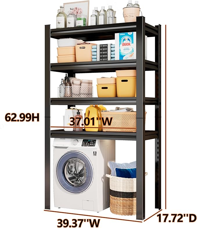 Over Washer and Dryer Shelves, 4 Tier Adjustable Metal Washing Machine Shelf, Sturdy and Spacious Laundry Room Organization and Storage Rack, 39.37''W*17.72''D*62.99''H, Black