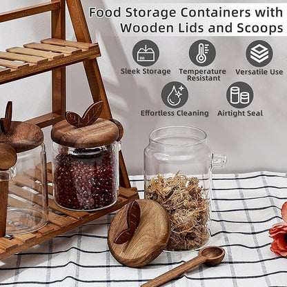 Koythin Food Storage Containers with Wooden Lids and Scoops, Glass Jars with Airtight Lids, Bath Salt Container with Scoop, Kitchen Canisters for Coffee, Tea, Sugar, Spice (Smooth, 13.5 oz)