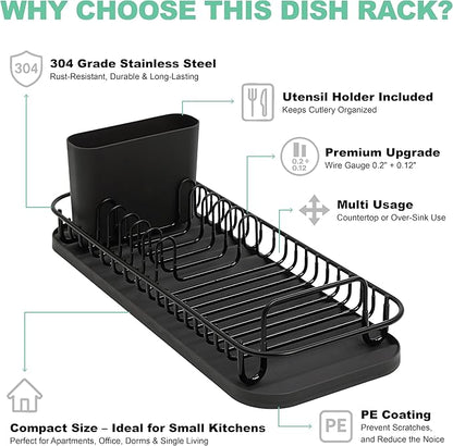 SunnyPoint 304 Stainless Steel NeverRust Compact Dish Drying Rack with Utensil Holder & Removable Drain Tray, Rustproof Small Dish Rack for Kitchen Countertop or Over Sink – Black