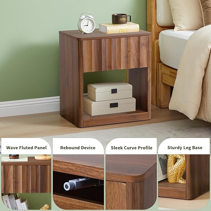 Bifins Fluted Dresser, Small Nightstands Set of 2, Walnut Bedside Table with Drawer and Storage, Mid Century Modern Side Table for Bedroom Sofa