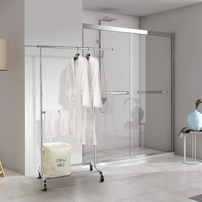 Simple Trending Double Rod Clothing Garment Rack, Rolling Clothes Organizer on Wheels for Hanging Clothes, Chrome