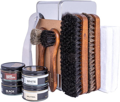FootFitter Leather Shoe Shine Refill Set, Complete Shoe Care Kit with Horsehair Brushes, Premium Creams, Cloths & Shoehorn