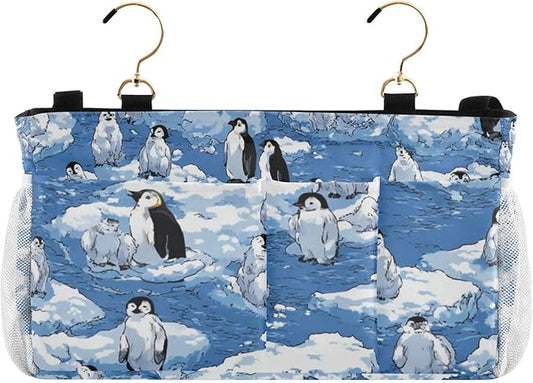 CuwrYet Bedside Caddy Hanging Bunk Bed Caddy Bed Organizer Hanging Pocket with 2 Hooks Bedside Storage Organizer Pocket Bag Holder Blue Penguins Ice Floes Snow Water