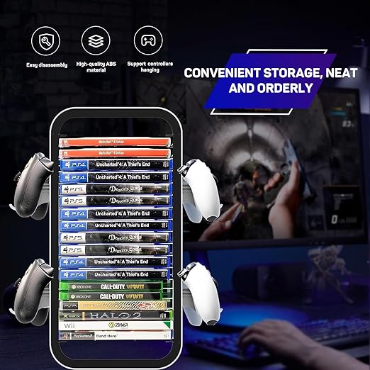 wigmoa Game Storage Tower【15.8INCH】 Compatible with PS5/ Xbox Series S & X/Switch, Universal Video Games Discs Organizers 18 PCS with 4 Controllers Holder, Game Disk Rack Shelf. OYO-1 (White/Black)