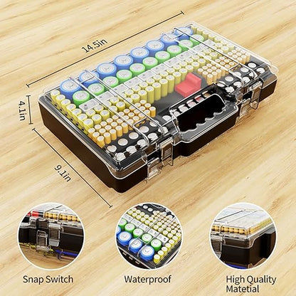 Battery Organizer Storage Holder Box Case with Tester, Ultra-Large 280+ Batteries Double-Sided Variety Pack,Holds AA AAA 4A C D Cell 9V 3V Lithium18650 LR44 CR2 CR123 CR1632 - Black