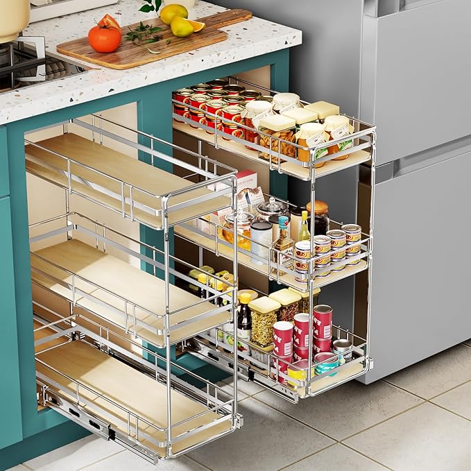 Pull Out Spice Rack Cabinet Organizer 7" W x 20½" D, 3 Tier Heavy Duty Slide Out Wood Shelf for Narrow Cabinet, Pull Out Storage for Kitchen