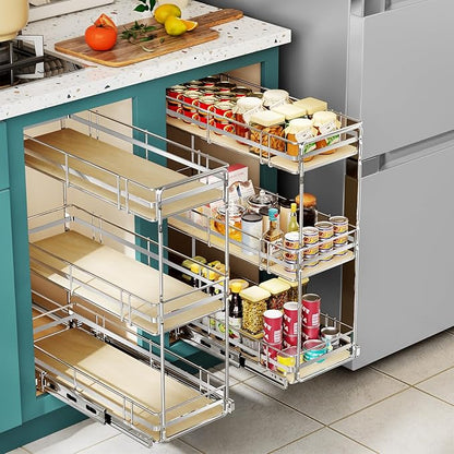 Pull Out Spice Rack Cabinet Organizer 8" W x 20½" D, 3 Tier Heavy Duty Slide Out Wood Shelf for Narrow Cabinet, Pull Out Storage for Kitchen