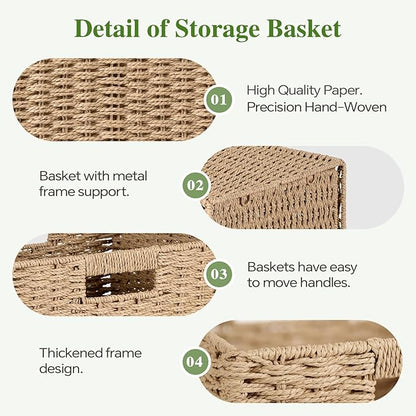 Woven Wicker Storage Baskets 4-Pack, 11x11 Handwoven Paper Rope Organizer Bins, Foldable Cube Storage Cubes with Built-in Handles for Shelves and Closet Organization(Natural Beige)