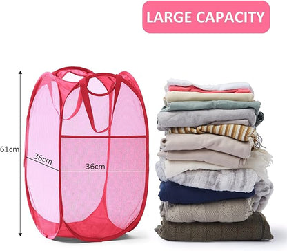 TECHMILLY Collapsible Mesh Pop Up Laundry Hamper with Sturdy Handles and Side Pocket - Portable Foldable Clothes Baskets for Dorm, Bathroom & Travel Storage (Pink)