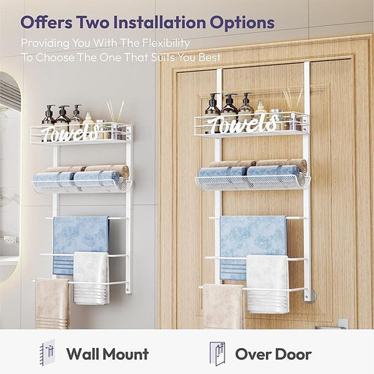 SWTYMIKI Over The Door Towel Racks for Bathroom - 5-Tier Wall Mounted Bathroom Towel Storage Organizer Holder with Metal Shelf, White
