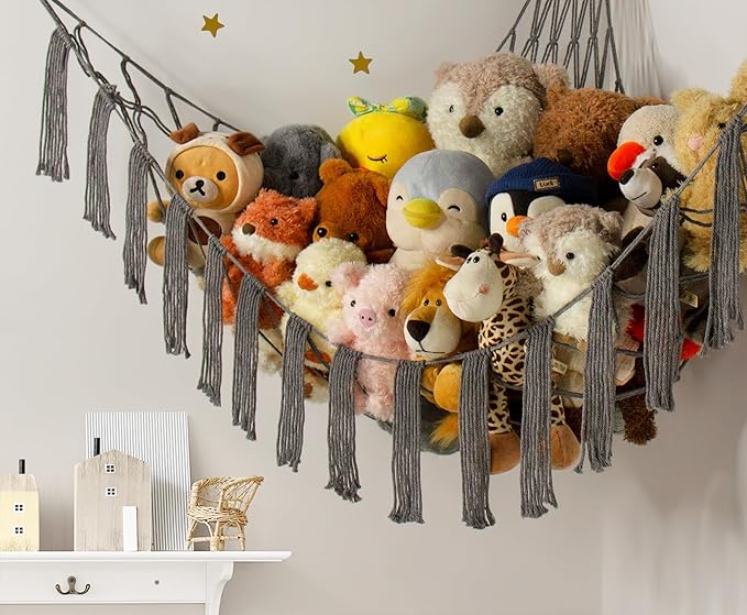 Stuffed Animal Hammock Corner Storage with LED Light - Pluish Hammock Large Plushie Net - Stuffed Animal Holder Hanging Organizer - Teddy Bear Hammocks Room Decorations