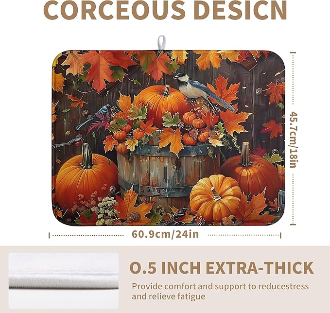 Fall Pumpkin Maple Leaf Bird Dish Drying Mat for Kitchen Counter 18x24 Inch Autumn Harvest Reversible Microfiber Drying Mats Thanksgiving Drying Pad Orange Brown Super Absorbent Dish Drainer Mats