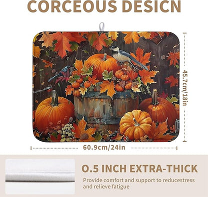 Fall Pumpkin Maple Leaf Bird Dish Drying Mat for Kitchen Counter 18x24 Inch Autumn Harvest Reversible Microfiber Drying Mats Thanksgiving Drying Pad Orange Brown Super Absorbent Dish Drainer Mats