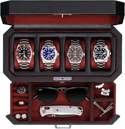 ROTHWELL 4 Slot Leather Watch Box with Valet Drawer - Luxury Case Display Jewelry Organizer, Locking Display Case Holder with Real Glass Top - Watch Box Organizer for Men & Women (Red)