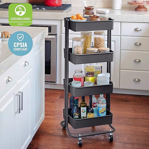 ECR4Kids 4-Tier Metal Rolling Utility Cart, Multipurpose Storage, Black