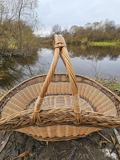 Handcrafted Extra-Large Wicker Basket with Two-Tone Weave – Rustic Handmade Storage Basket from Lithuania