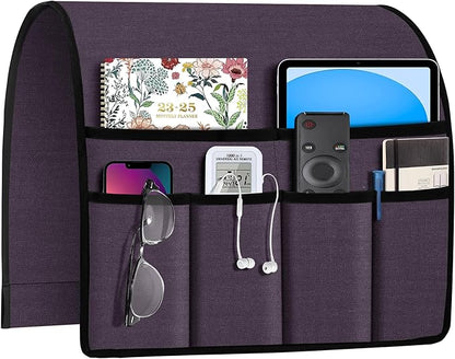 Joywell Remote Holder for Recliner Armchair Caddy Couch Armrest Non Slip Sofa Arm Chair Caddie with 6 Pocket for Magazine, Tablet, Phone, iPad, Think Linen, Plum