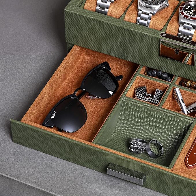 ROTHWELL 10-Slot Watch Box in Leather with Valet Drawer, Luxury Watch Case Display Organizer with Ultra Soft Microsuede Liner, Jewelry and Sunglass Holder With Large Glass top (Green/Tan)