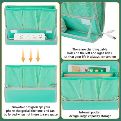 Retyion Bedside Caddy Bedside Storage Organizer Bedside Organizer with Power Strip Holder and 2 Adjustable Straps for Home Bunk Bed College Dorm Sofa (Green)