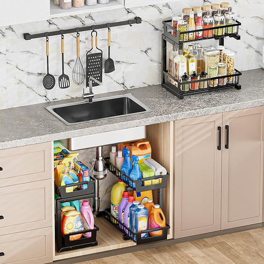 Under Sink Organizer 2 Pack, 2 Tier Adjustable Height Reinforced Carbon Steel Under Kitchen Bathroom Sink Storage Organizer, Smooth Pull-out Under Sink Cabinet Rack Drawer Organizer, Black
