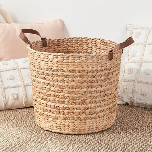 Isidore Water Hyacinth Storage Basket, Round Woven Design (Natural Brown, 15.7 x 15.7 x 11.8 in)
